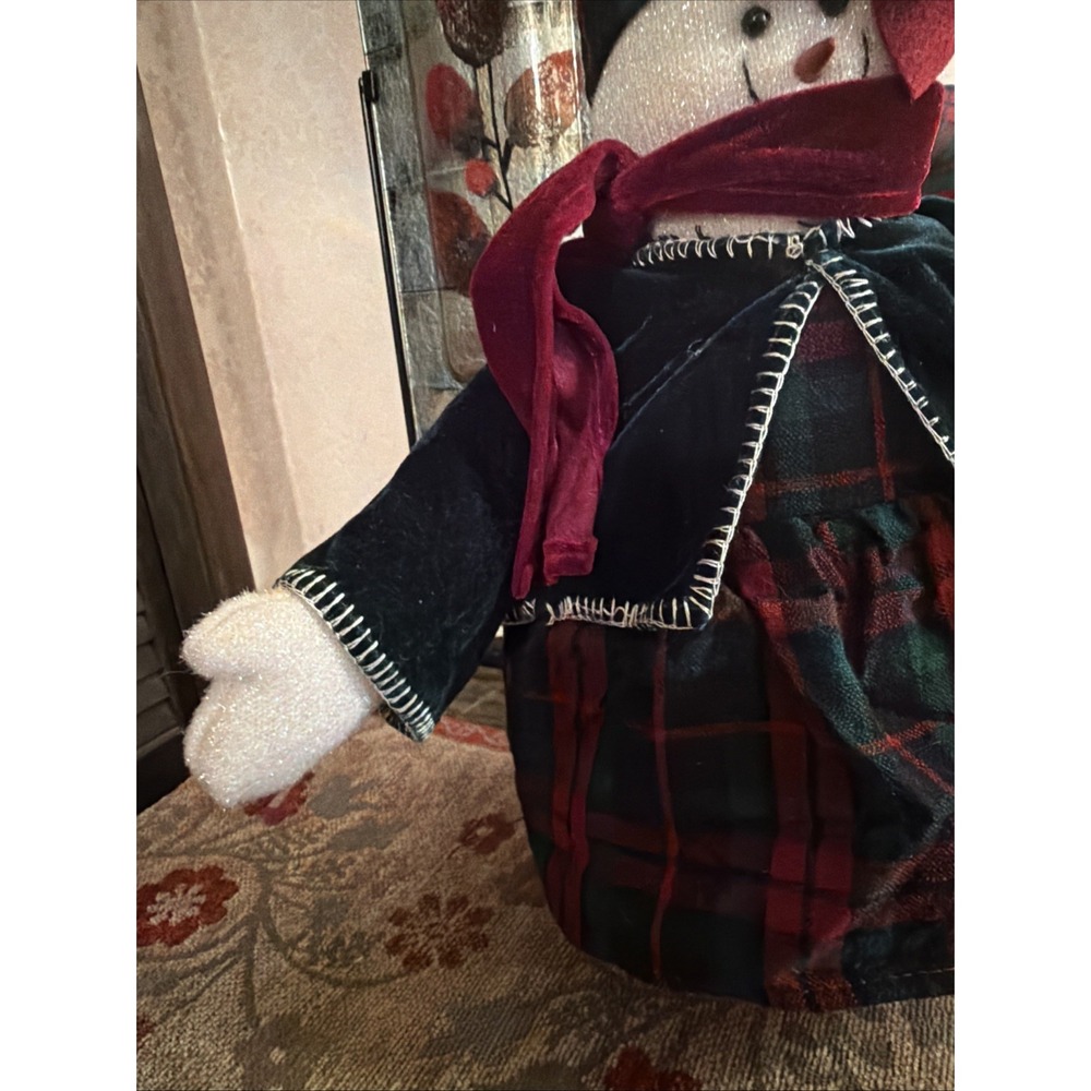 Christmas Snow Woman Plush Doll 18" Plaid Dress Velvet Cape Hat Shelf Sitter Vtg - Picture 4 of 16